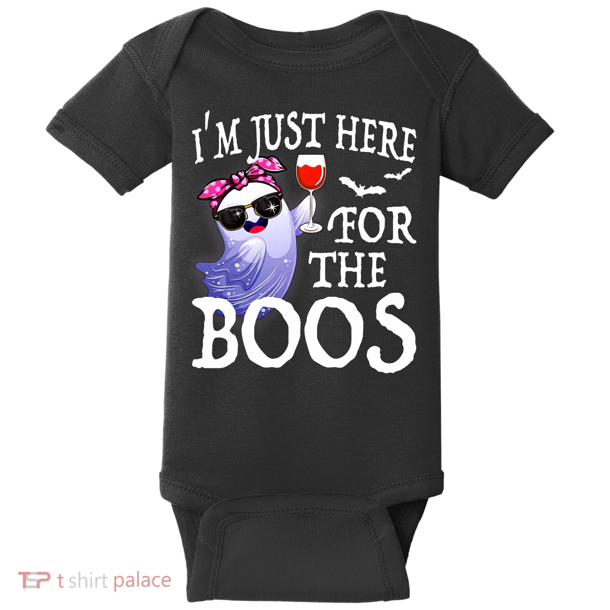 Women Im Just Here For The Boos Cute Halloween Ghost Wine Baby Bodysuit