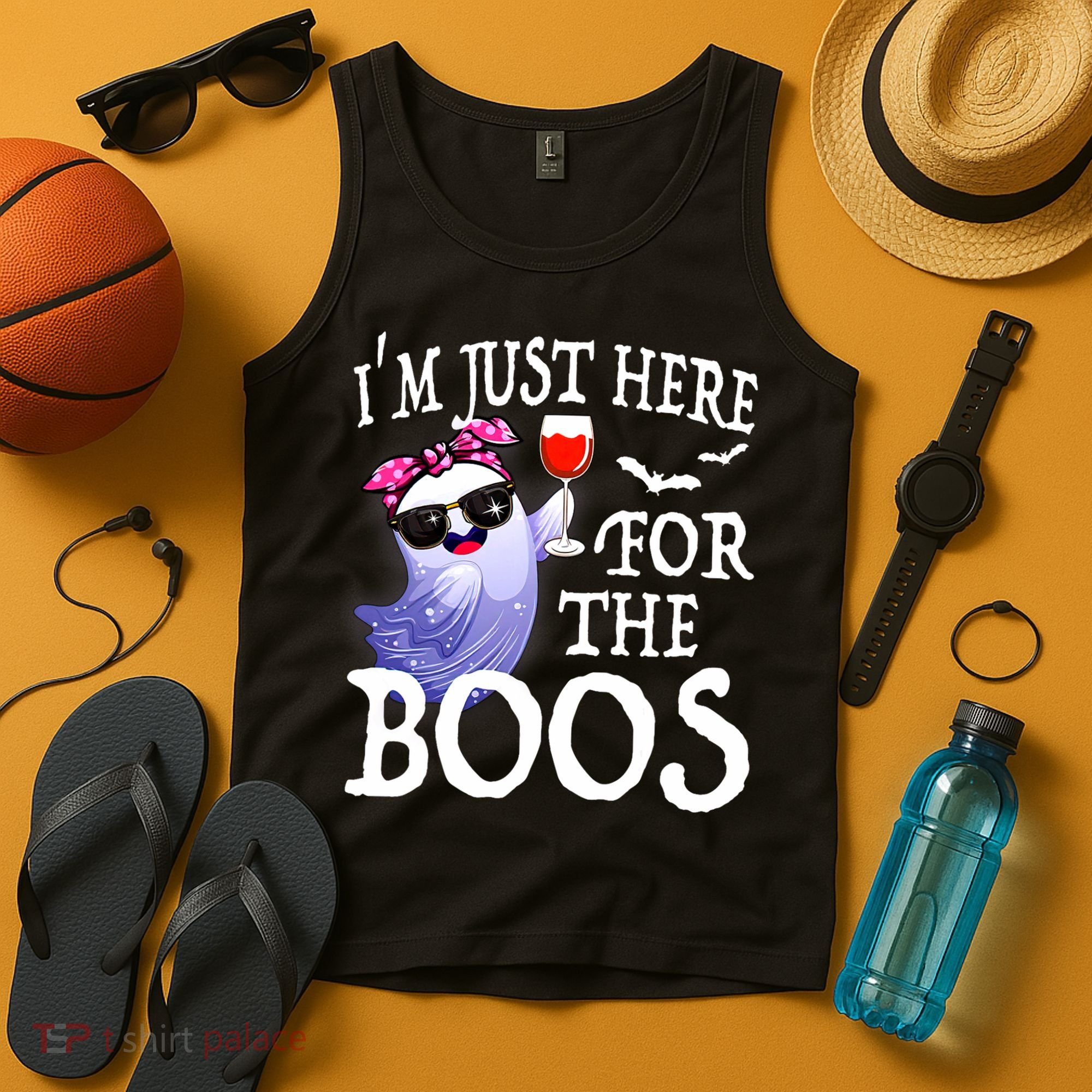 Women Im Just Here For The Boos Cute Halloween Ghost Wine Tank Top