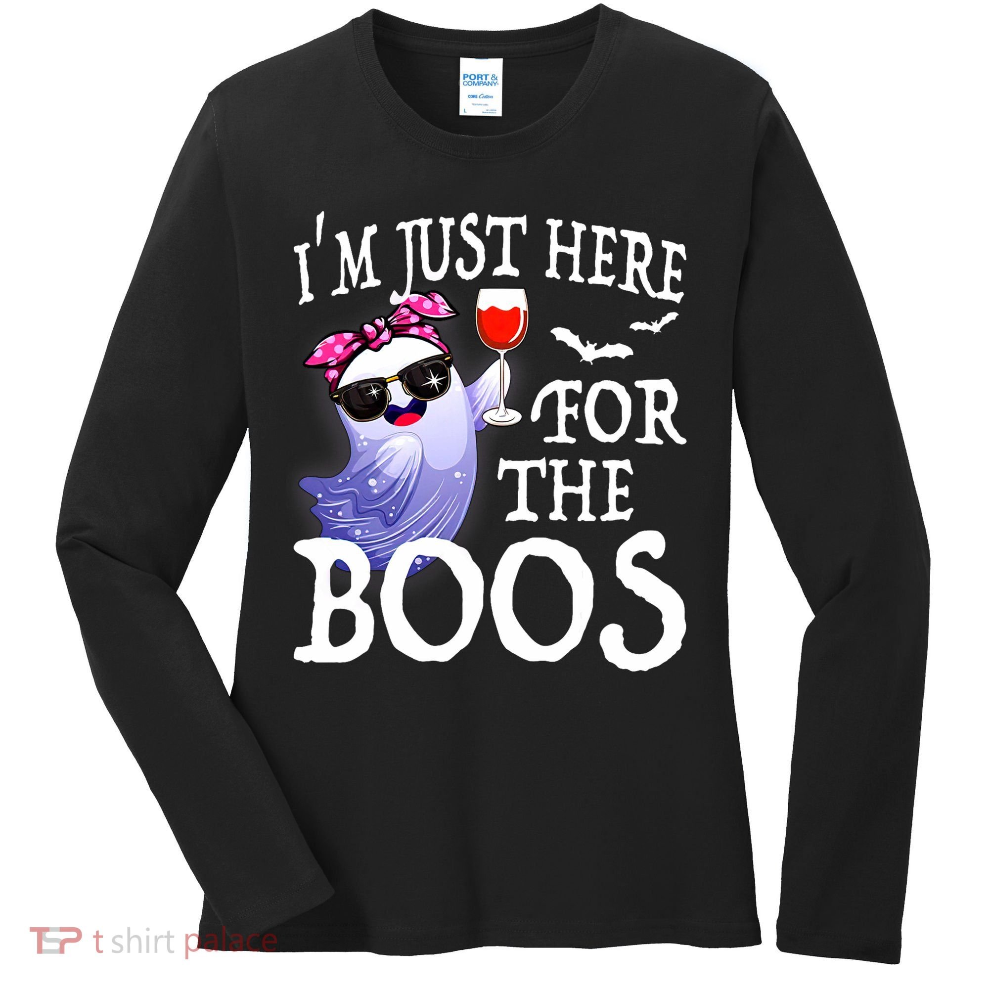 Women Im Just Here For The Boos Cute Halloween Ghost Wine Women's Long Sleeve Shirt