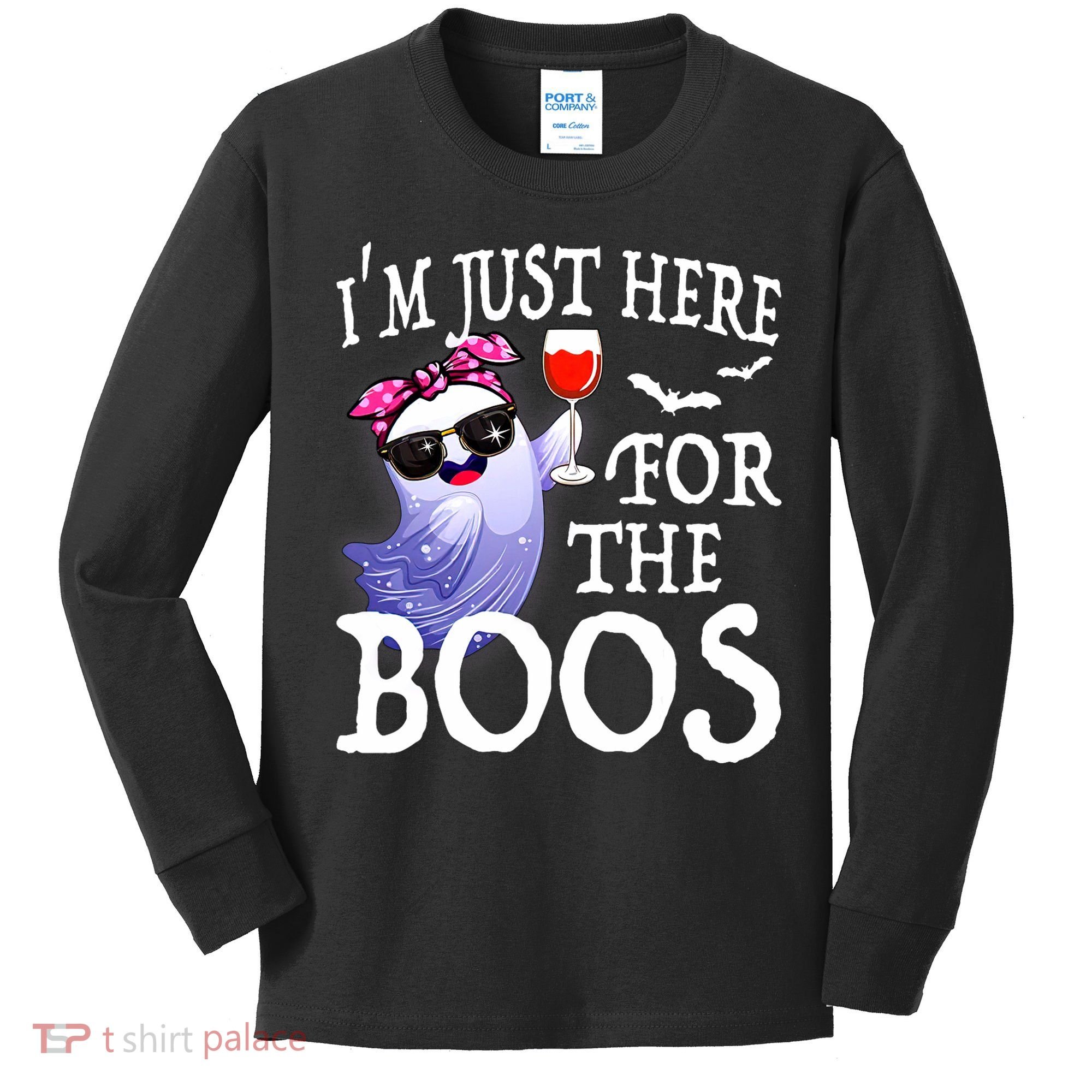 Women Im Just Here For The Boos Cute Halloween Ghost Wine Kids Long Sleeve Shirt