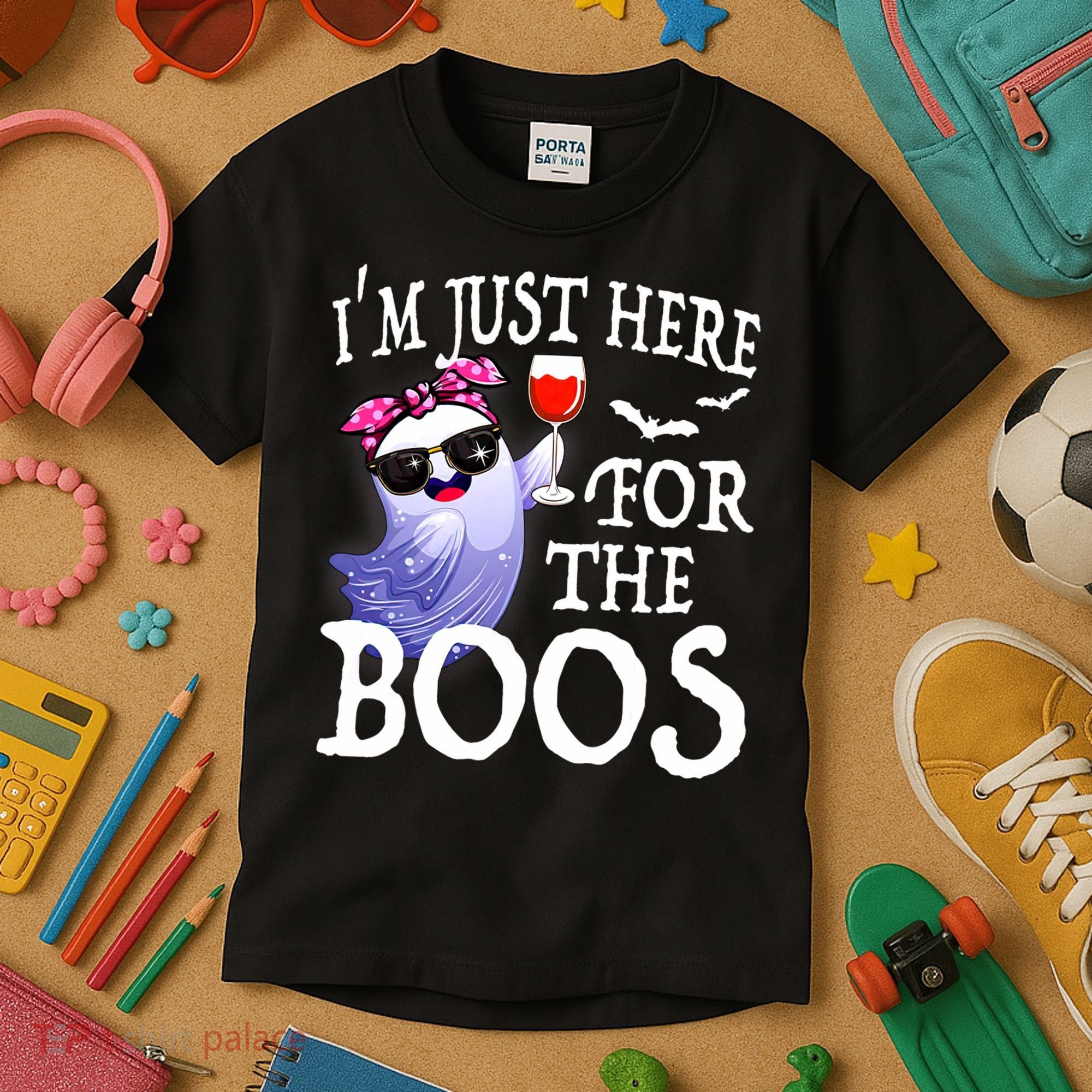 Women Im Just Here For The Boos Cute Halloween Ghost Wine Kids T-Shirt