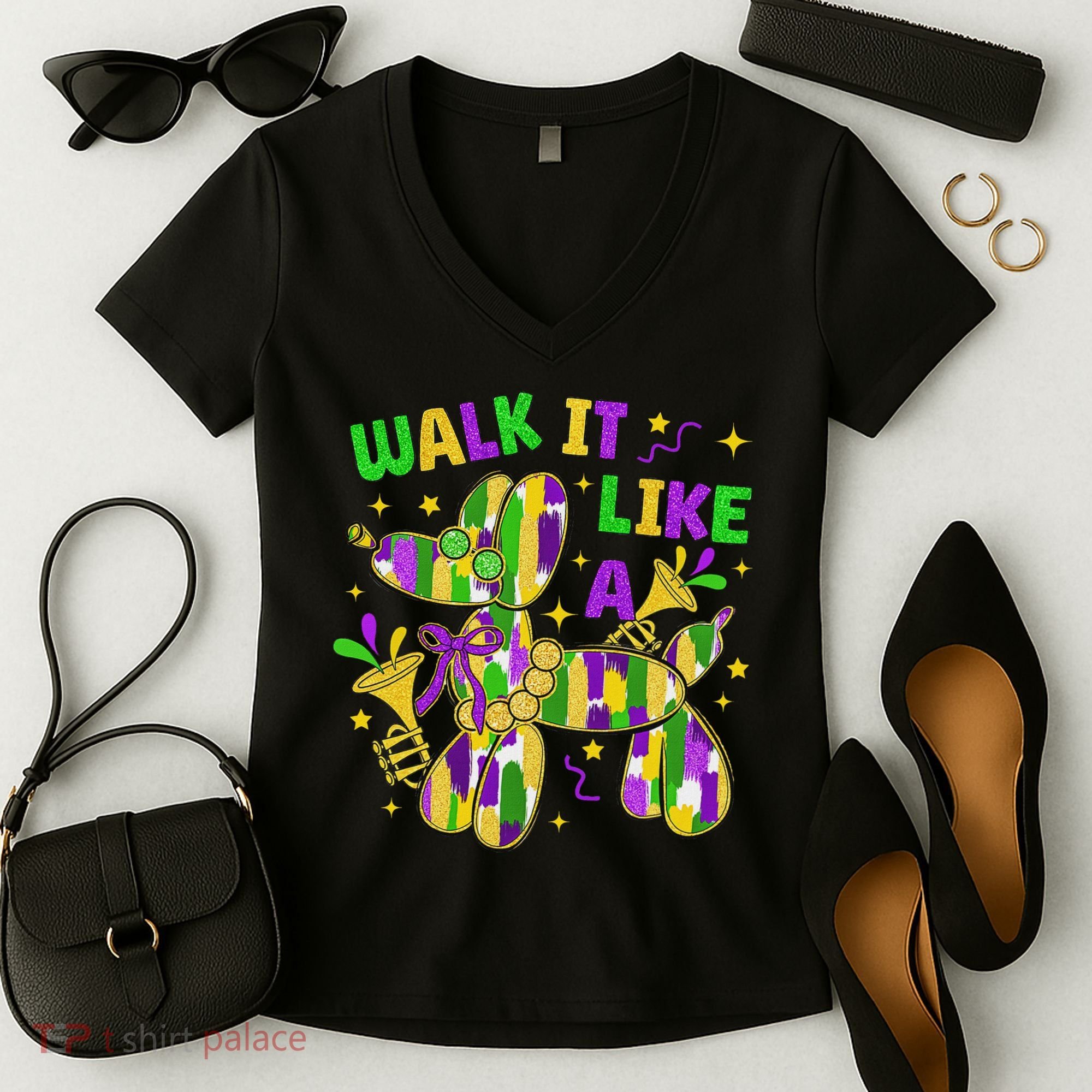 Walk It Like A Dog Happy Mardi Gras New Orleans Fat Tuesday Women's V-Neck T-Shirt