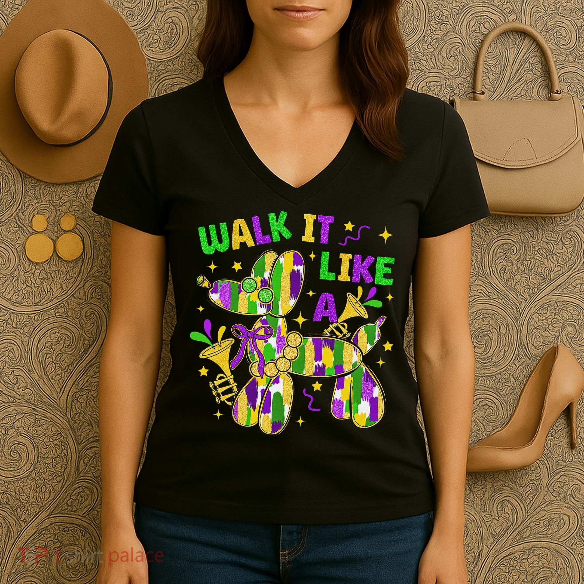 Walk It Like A Dog Happy Mardi Gras New Orleans Fat Tuesday Women's V-Neck T-Shirt