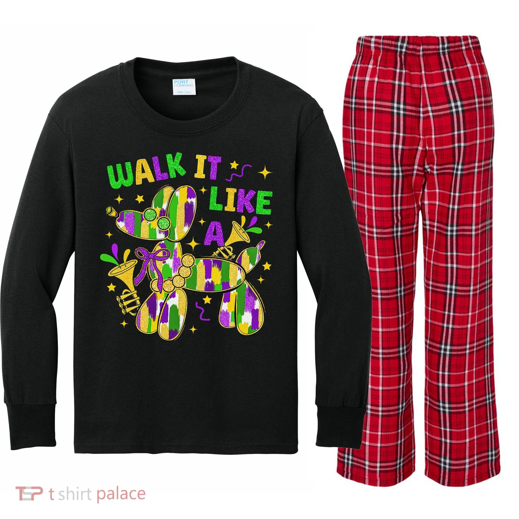 Walk It Like A Dog Happy Mardi Gras New Orleans Fat Tuesday Kids Long Sleeve Plaid Pajama Set