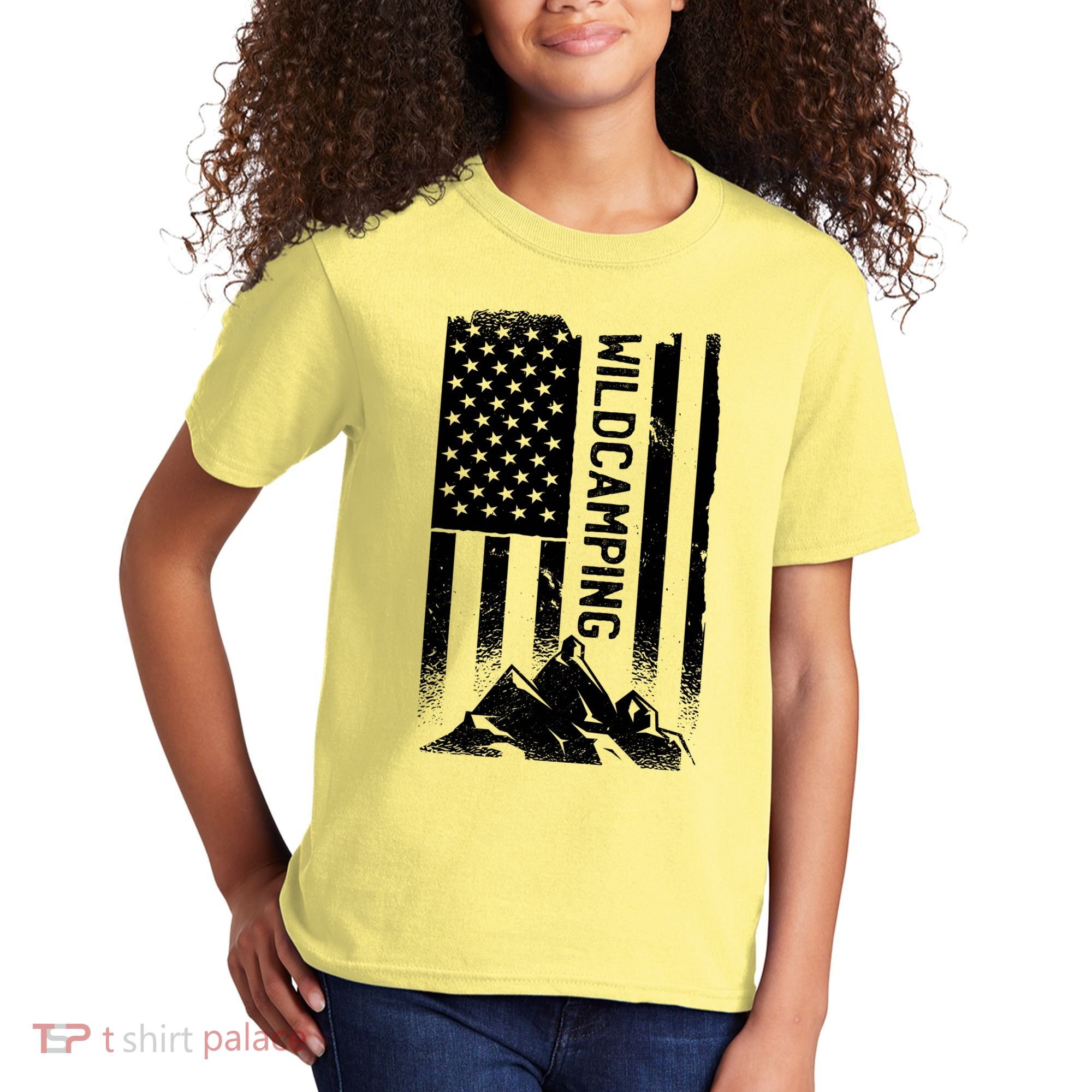 Wild Camping American Flag Mountain Kids T-Shirt