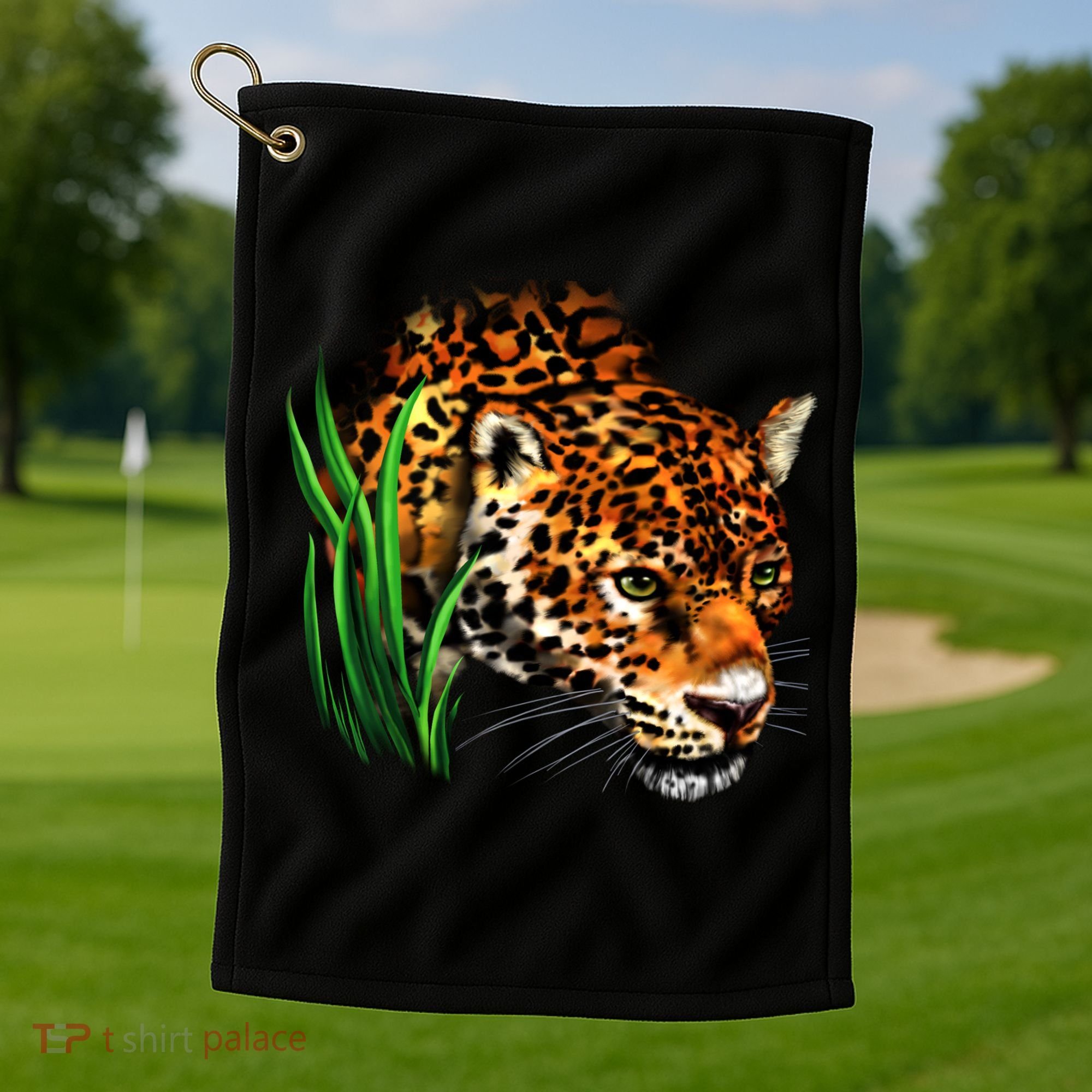 Wildlife Big Face Jaguar In Grass Portrait Golf Towel