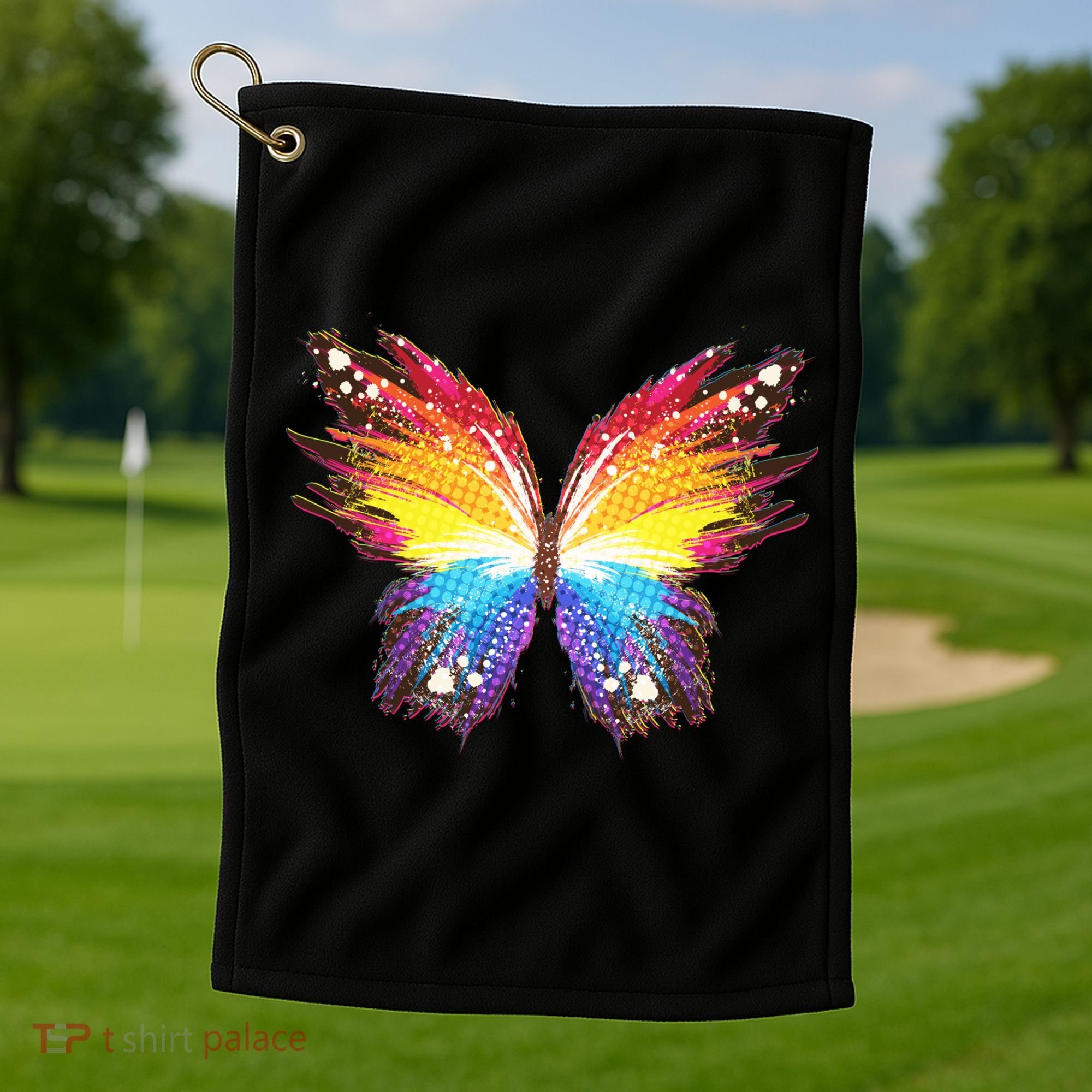 Wildly Painted Rainbow Butterfly Golf Towel