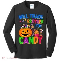 Will Trade Brother For Candy Funny Halloween Kids Long Sleeve Shirt thumb 0