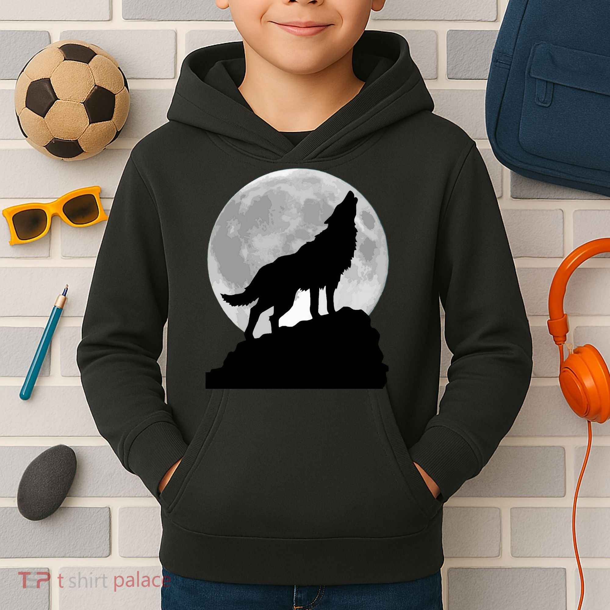 Wolf In Moon Light Cool Full Dog Pup Howling Tee Kids Hoodie