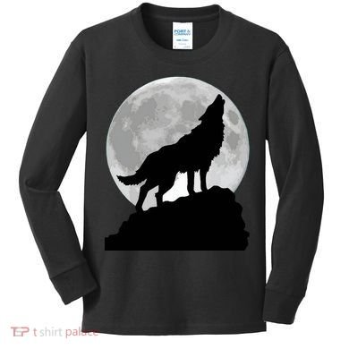 Wolf In Moon Light Cool Full Dog Pup Howling Tee Kids Long Sleeve Shirt