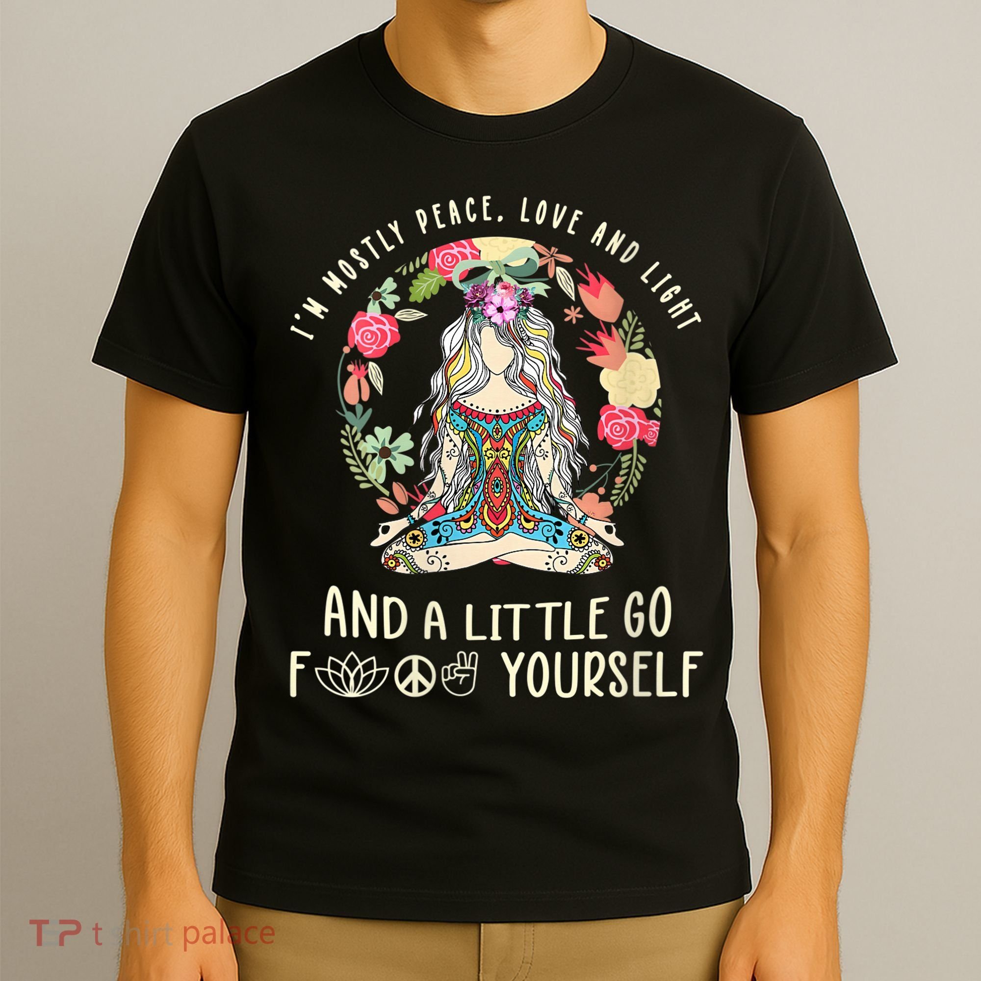 Wo I'm Mostly Peace Love And Light Funny Yoga Hippie Girl Wo V-Neck T-Shirt
