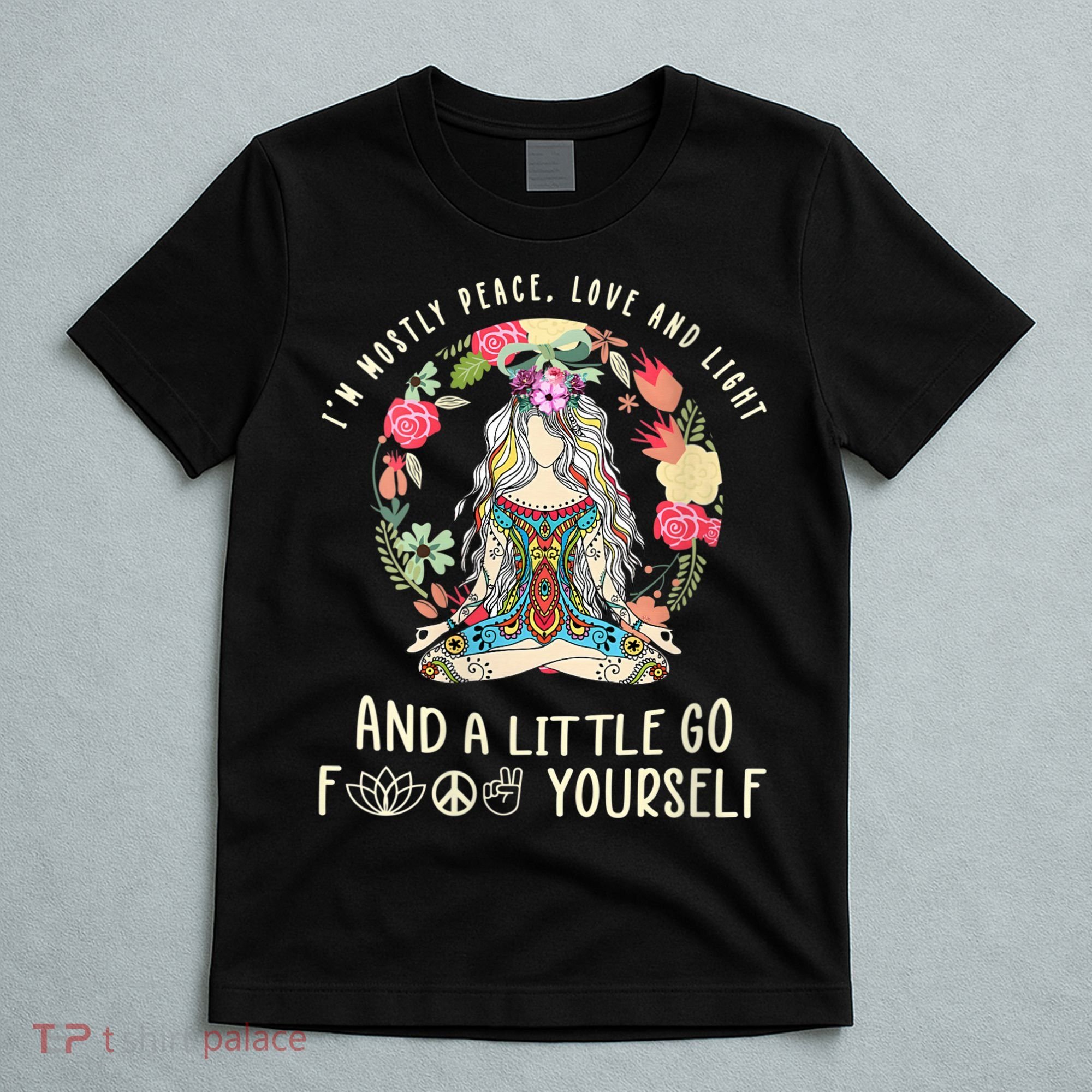 Wo I'm Mostly Peace Love And Light Funny Yoga Hippie Girl Wo V-Neck T-Shirt