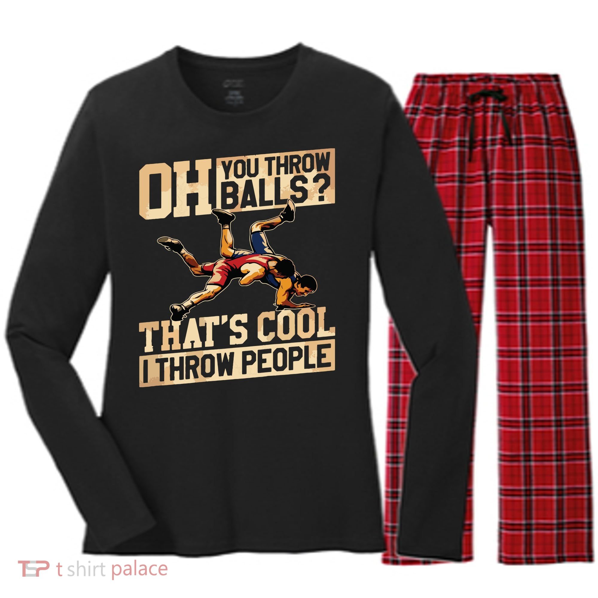 Wrestling I Throw People Funny Gift For Wrestler Backside Women's Long Sleeve Flannel Pajama Set 