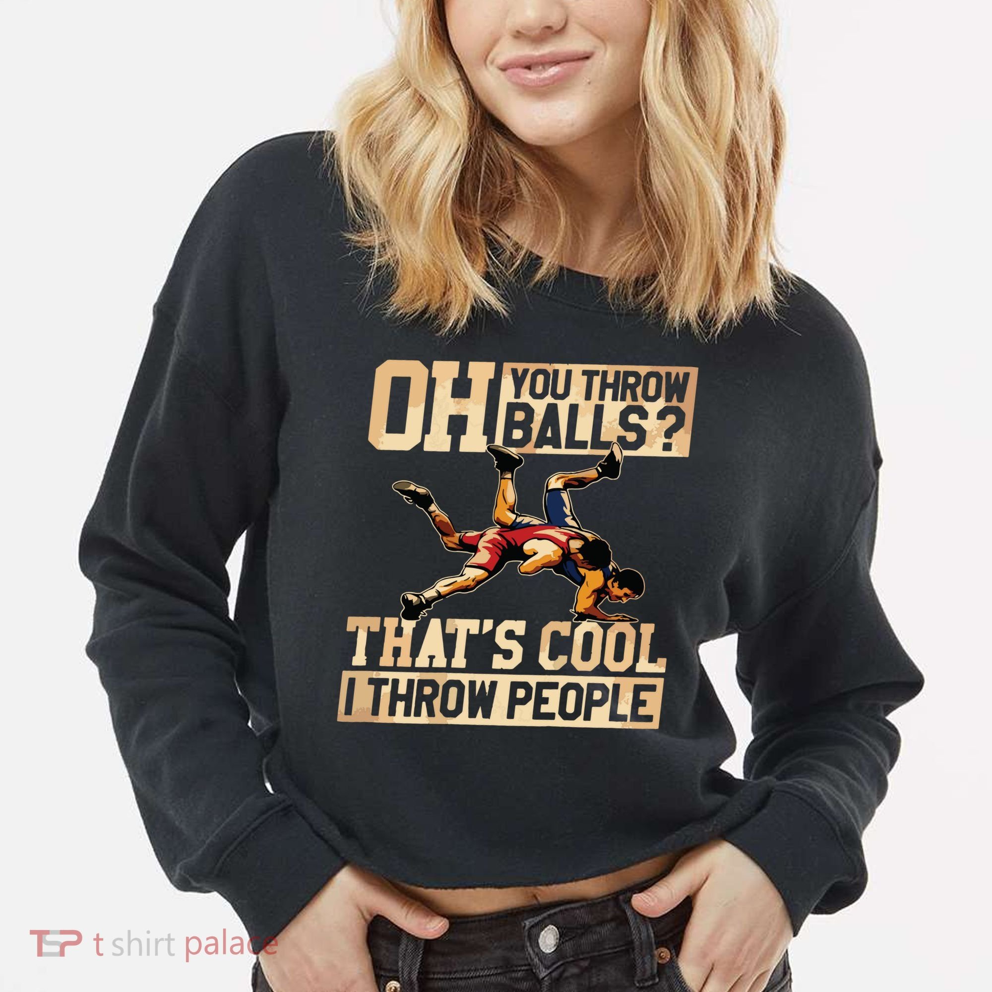 Wrestling I Throw People Funny Gift For Wrestler Backside Cropped Pullover Crew