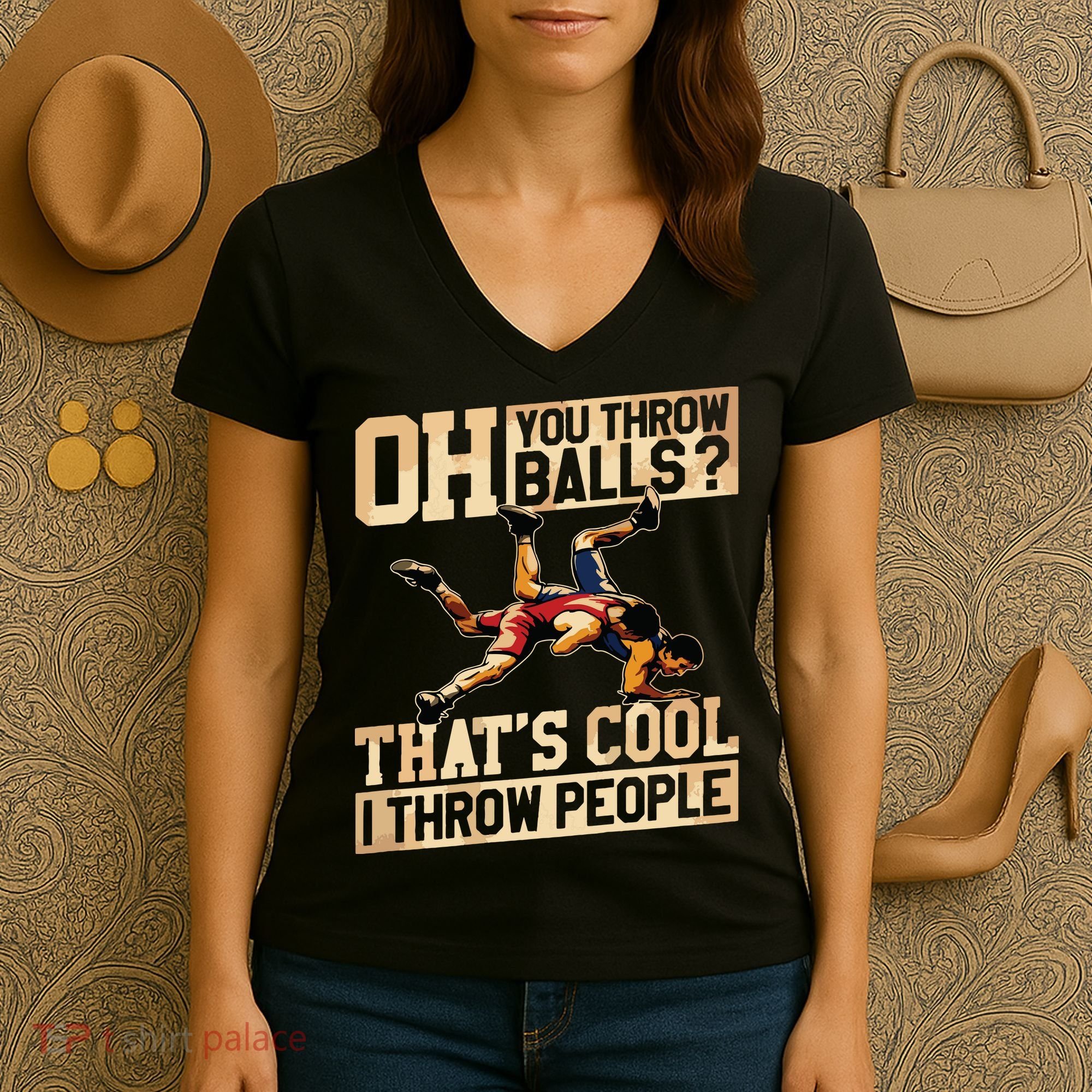 Wrestling I Throw People Funny Gift For Wrestler Backside Women's V-Neck T-Shirt
