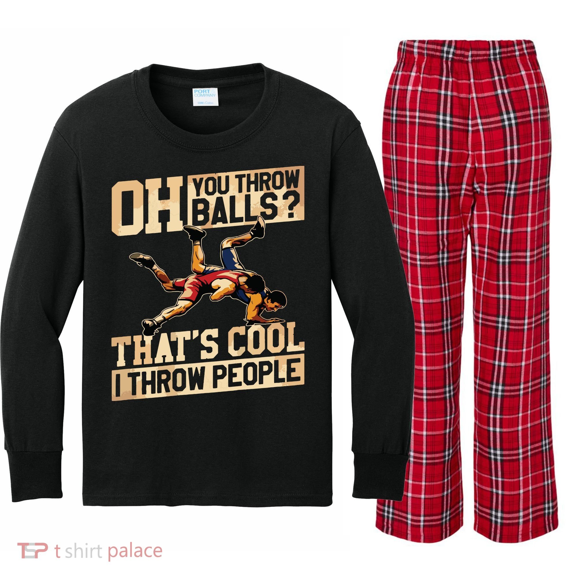 Wrestling I Throw People Funny Gift For Wrestler Backside Kids Long Sleeve Plaid Pajama Set