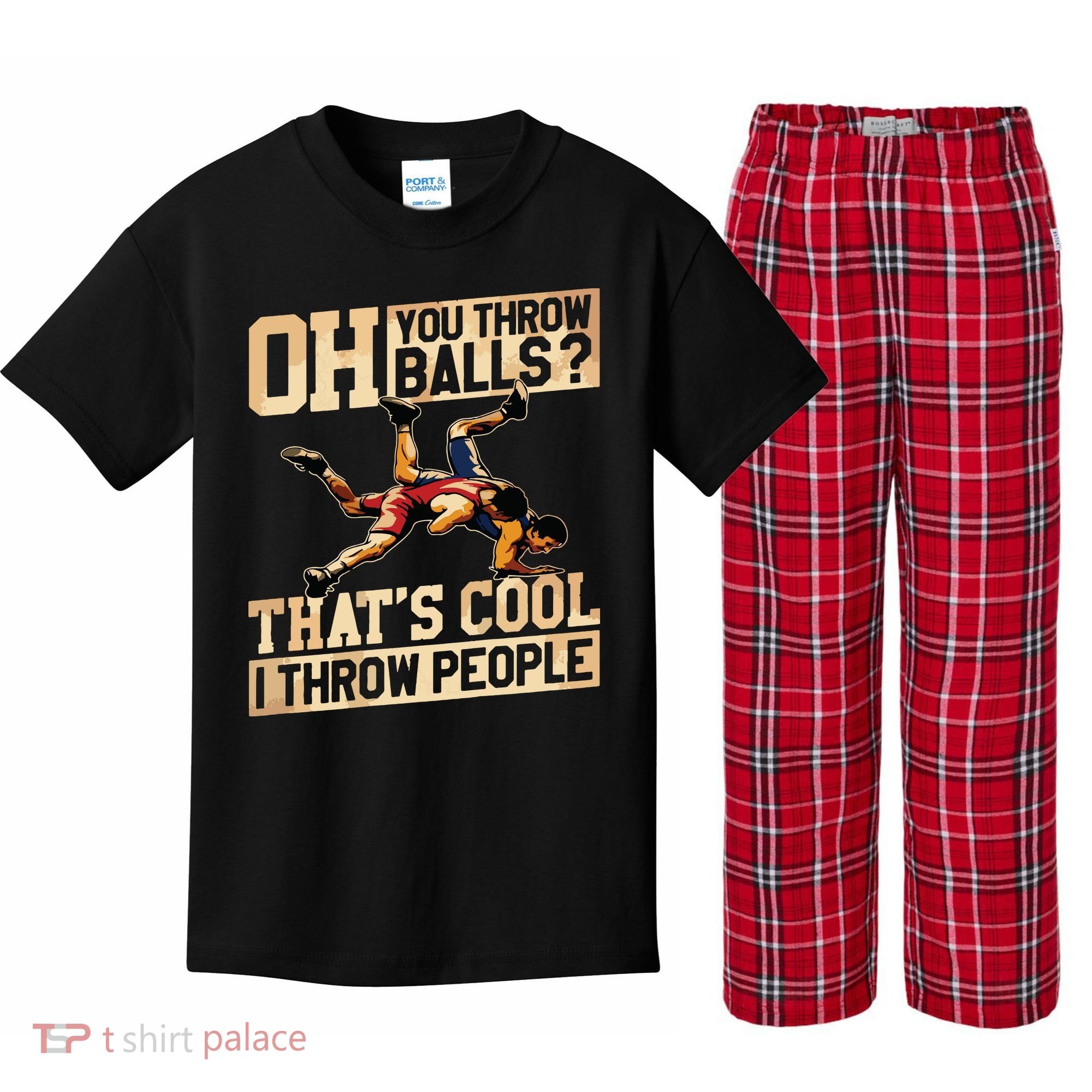 Wrestling I Throw People Funny Gift For Wrestler Backside Kids Plaid Pajama Set