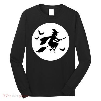 Witch Flying Over Moon Halloween Long Sleeve Shirt
