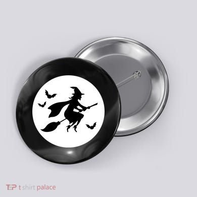 Witch Flying Over Moon Halloween Button