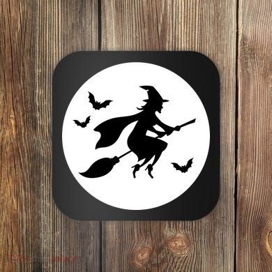 Witch Flying Over Moon Halloween Coaster