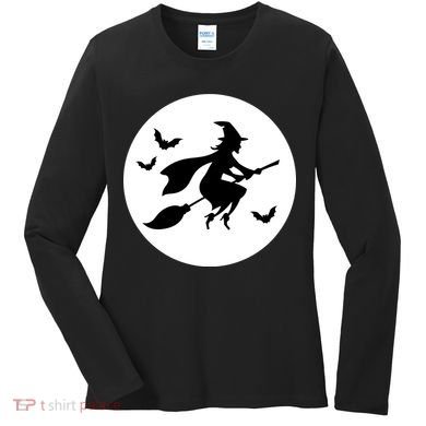 Witch Flying Over Moon Halloween Women's Long Sleeve Shirt