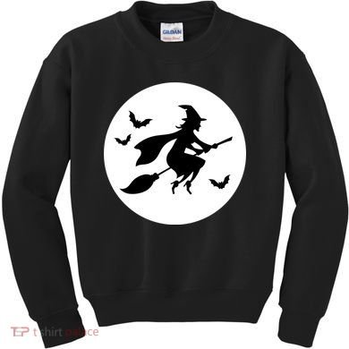 Witch Flying Over Moon Halloween Kids Sweatshirt