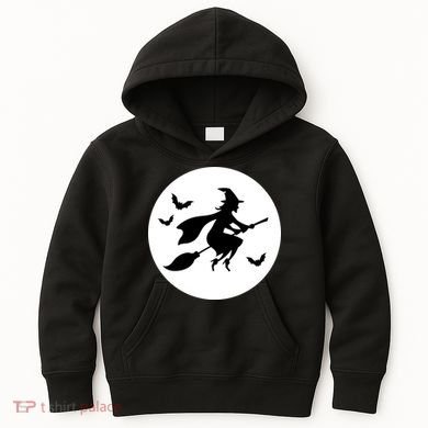 Witch Flying Over Moon Halloween Kids Hoodie