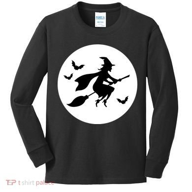 Witch Flying Over Moon Halloween Kids Long Sleeve Shirt