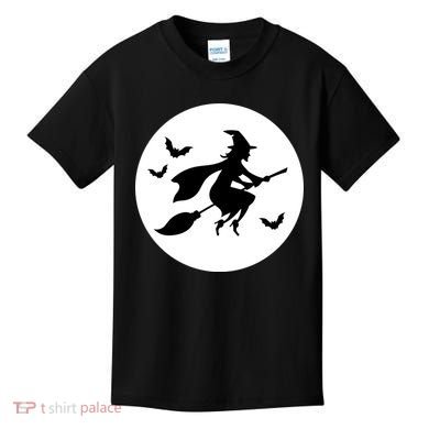 Witch Flying Over Moon Halloween Kids T-Shirt