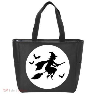 Witch Flying Over Moon Halloween Tote Bag