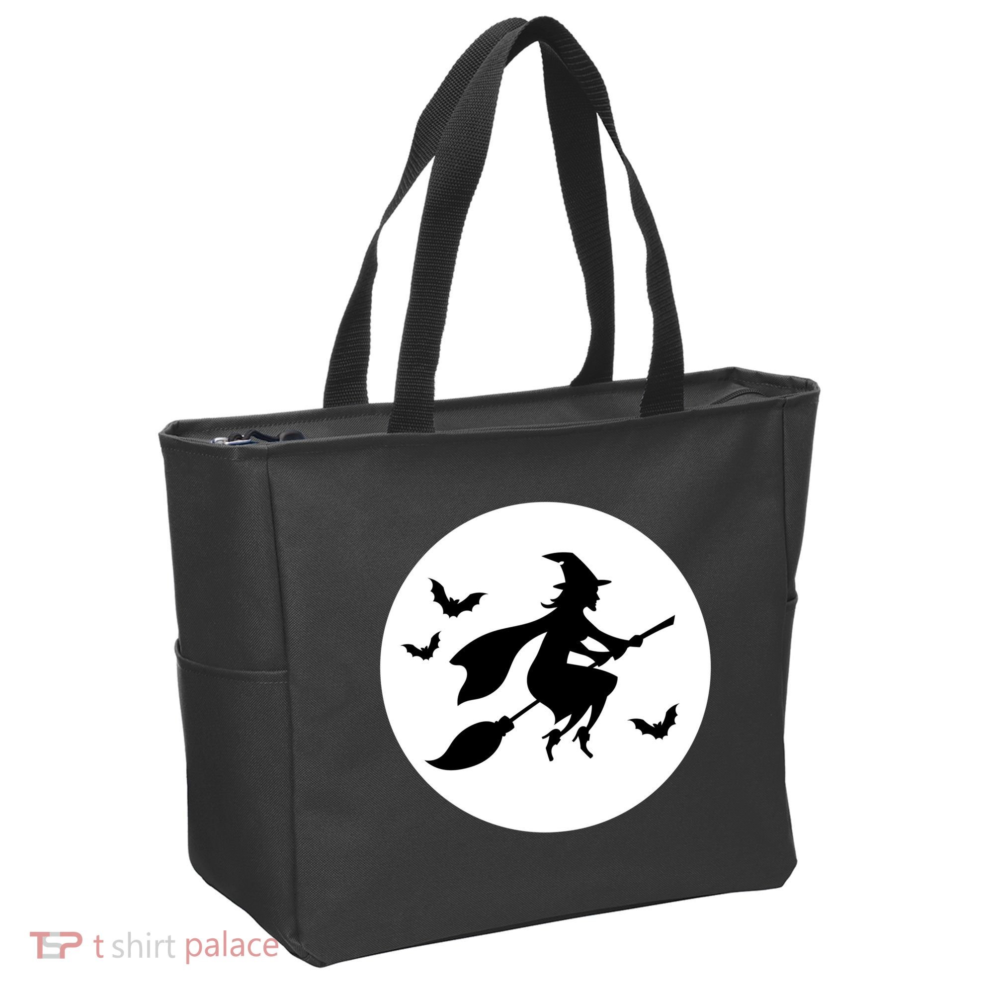 Witch Flying Over Moon Halloween Tote Bag