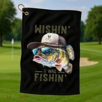 Wishin I Was Fishin Fishing Gift Golf Towel thumb 1