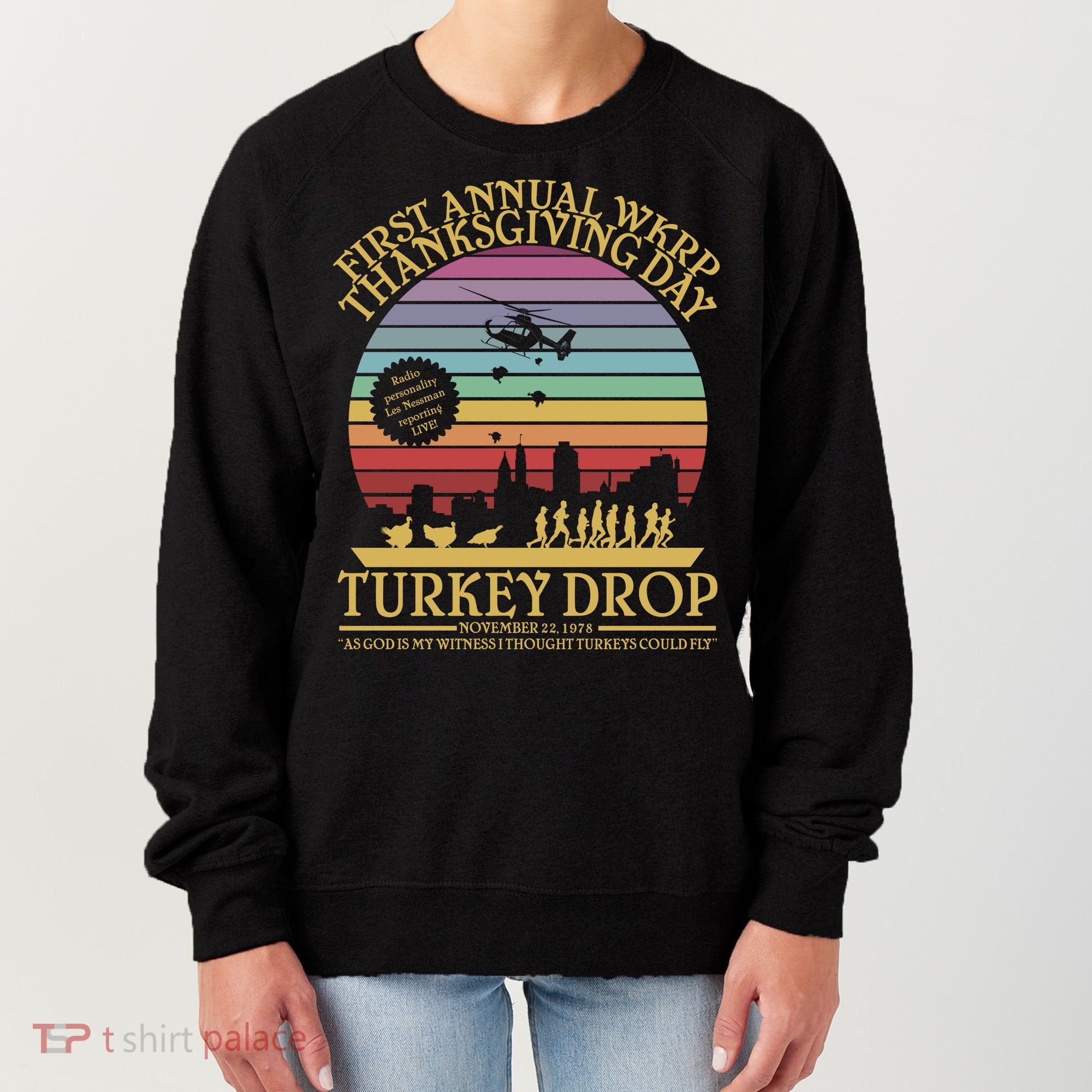 WKRP Thanksgiving Turkey Drop Funny Retro Women's Sweatshirt