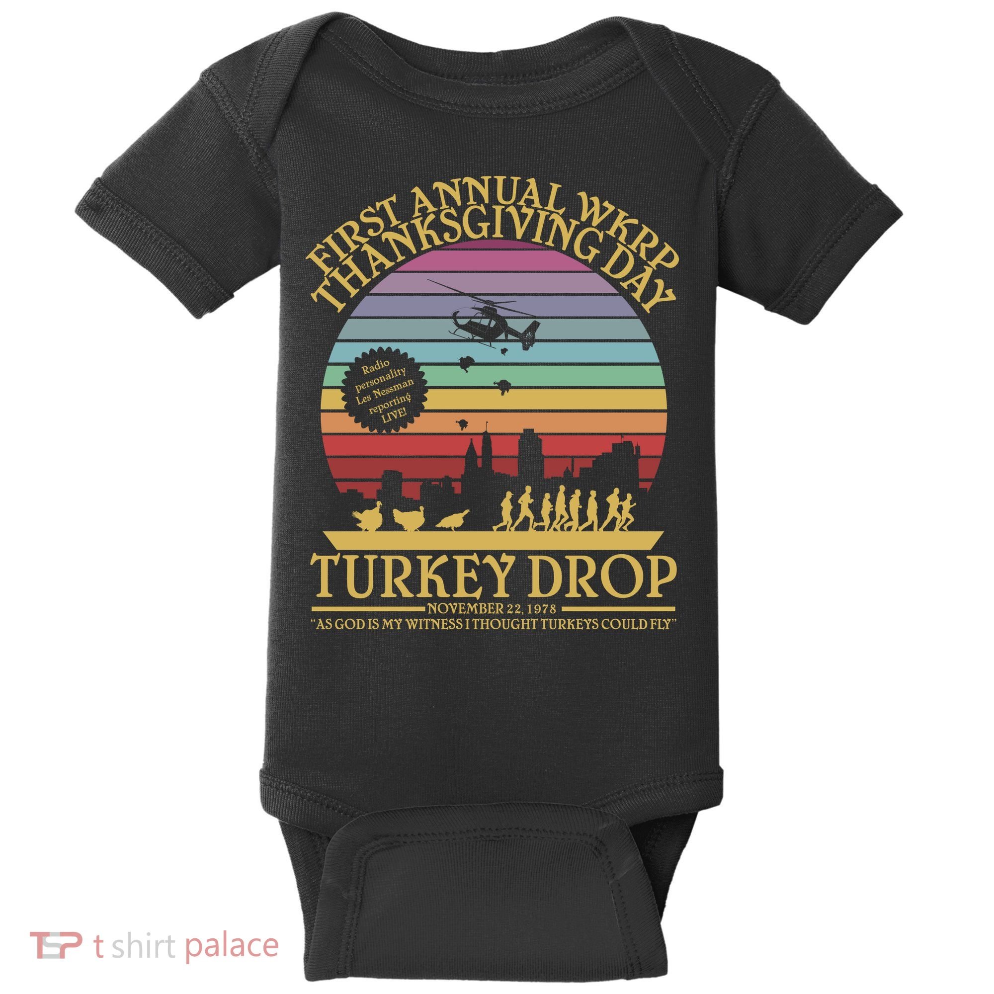 WKRP Thanksgiving Turkey Drop Funny Retro Baby Bodysuit
