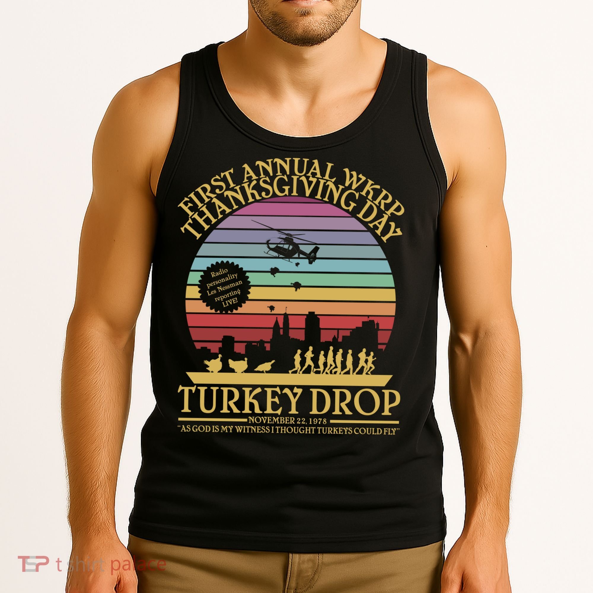 WKRP Thanksgiving Turkey Drop Funny Retro Tank Top