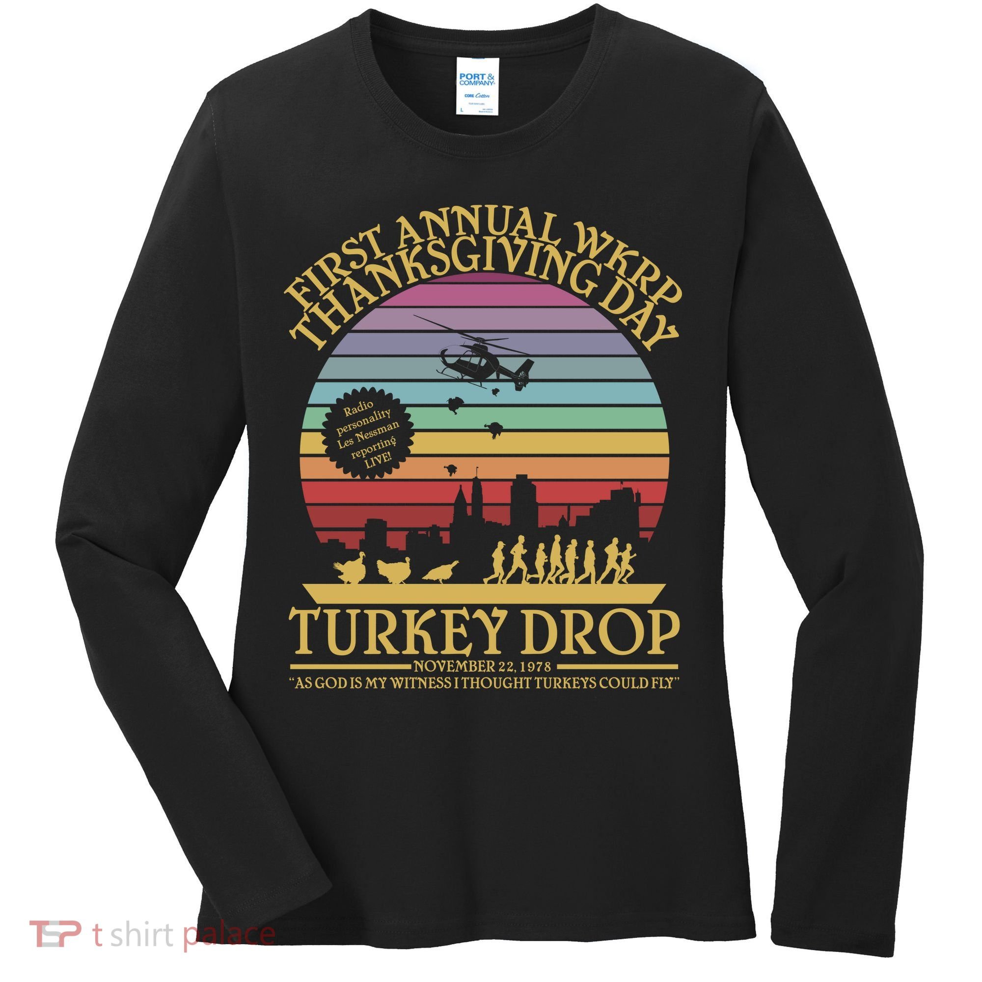 WKRP Thanksgiving Turkey Drop Funny Retro Women's Long Sleeve Shirt