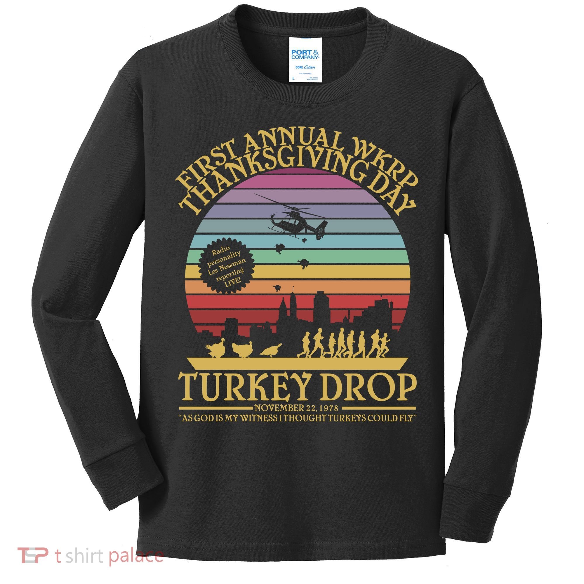WKRP Thanksgiving Turkey Drop Funny Retro Kids Long Sleeve Shirt