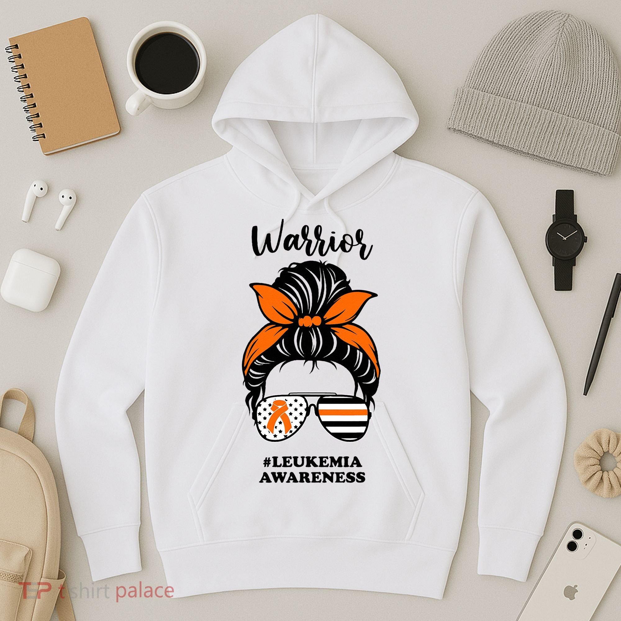 Warrior Leukemia Awareness Orange Ribbon Messy Bun Hoodie