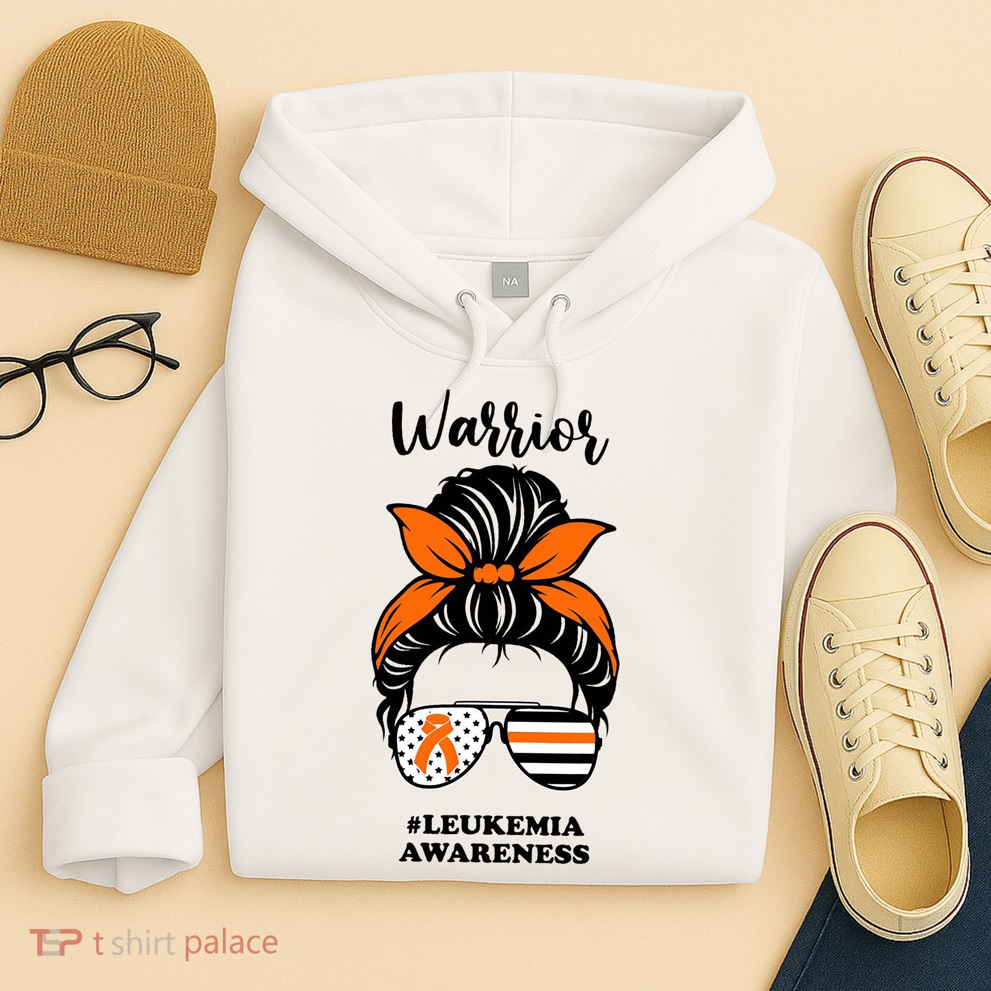 Warrior Leukemia Awareness Orange Ribbon Messy Bun Hoodie
