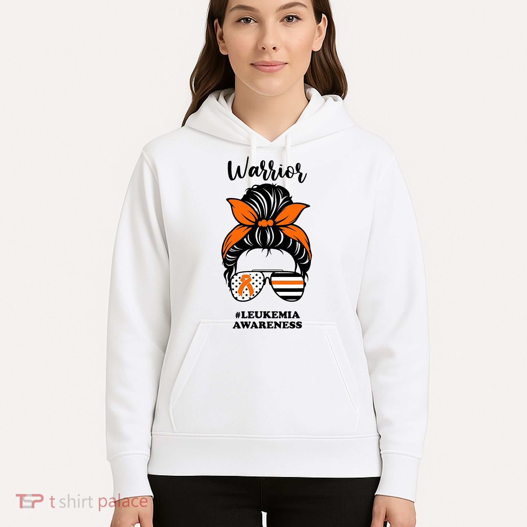 Warrior Leukemia Awareness Orange Ribbon Messy Bun Hoodie