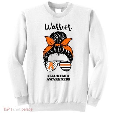 Warrior Leukemia Awareness Orange Ribbon Messy Bun Sweatshirt