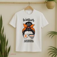 Warrior Leukemia Awareness Orange Ribbon Messy Bun T-Shirt thumb 2