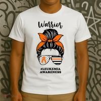 Warrior Leukemia Awareness Orange Ribbon Messy Bun T-Shirt thumb 3