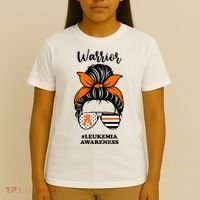 Warrior Leukemia Awareness Orange Ribbon Messy Bun T-Shirt thumb 4
