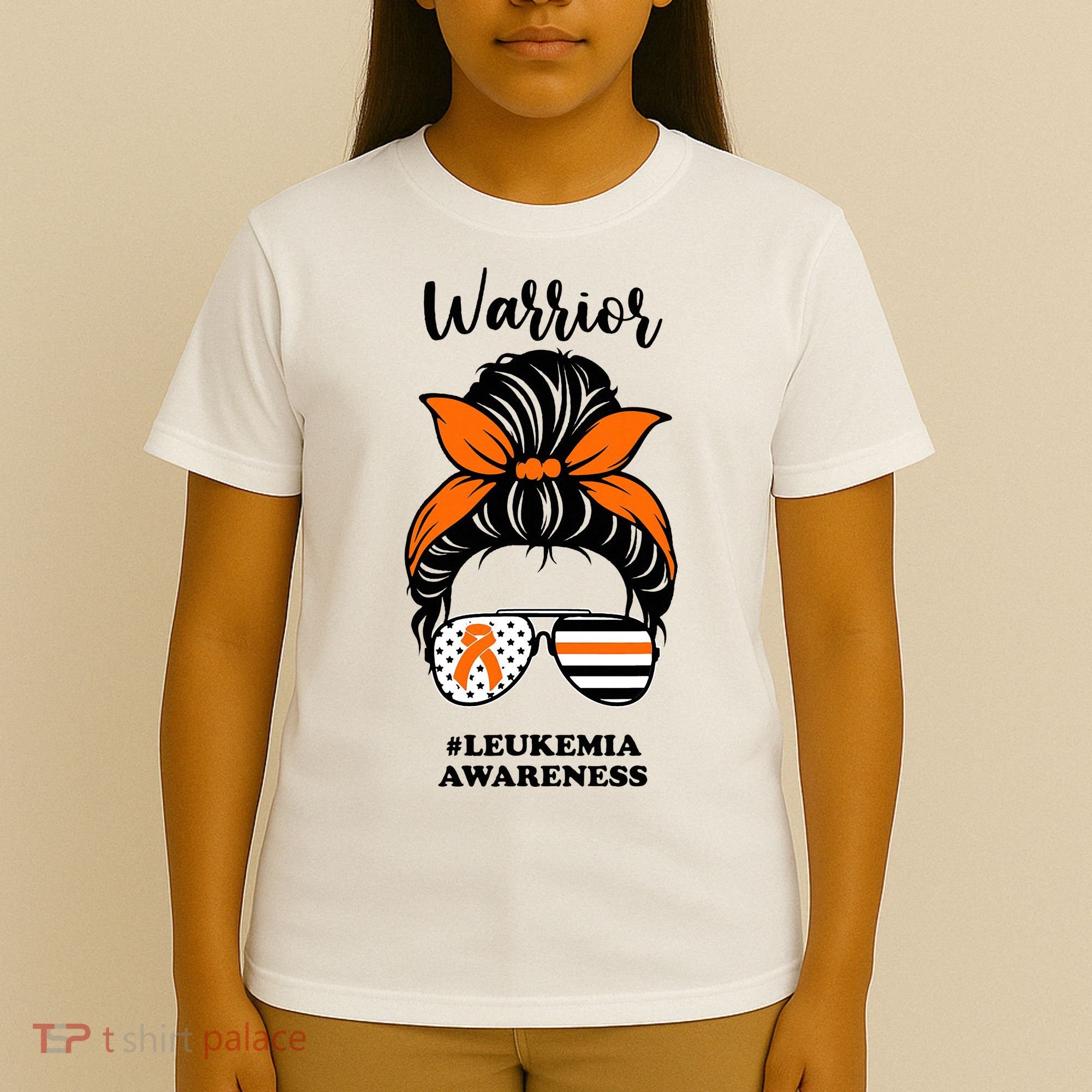 Warrior Leukemia Awareness Orange Ribbon Messy Bun T-Shirt