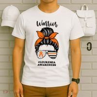 Warrior Leukemia Awareness Orange Ribbon Messy Bun T-Shirt thumb 6