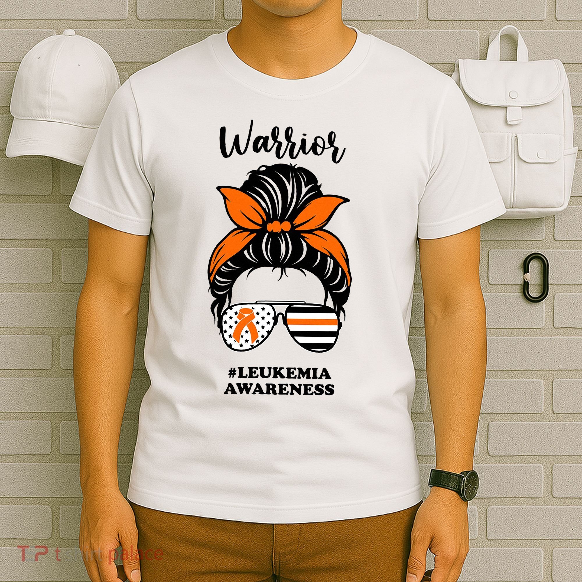 Warrior Leukemia Awareness Orange Ribbon Messy Bun T-Shirt