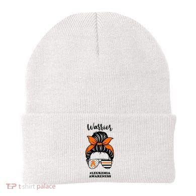 Warrior Leukemia Awareness Orange Ribbon Messy Bun Beanie