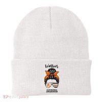 Warrior Leukemia Awareness Orange Ribbon Messy Bun Beanie thumb 0