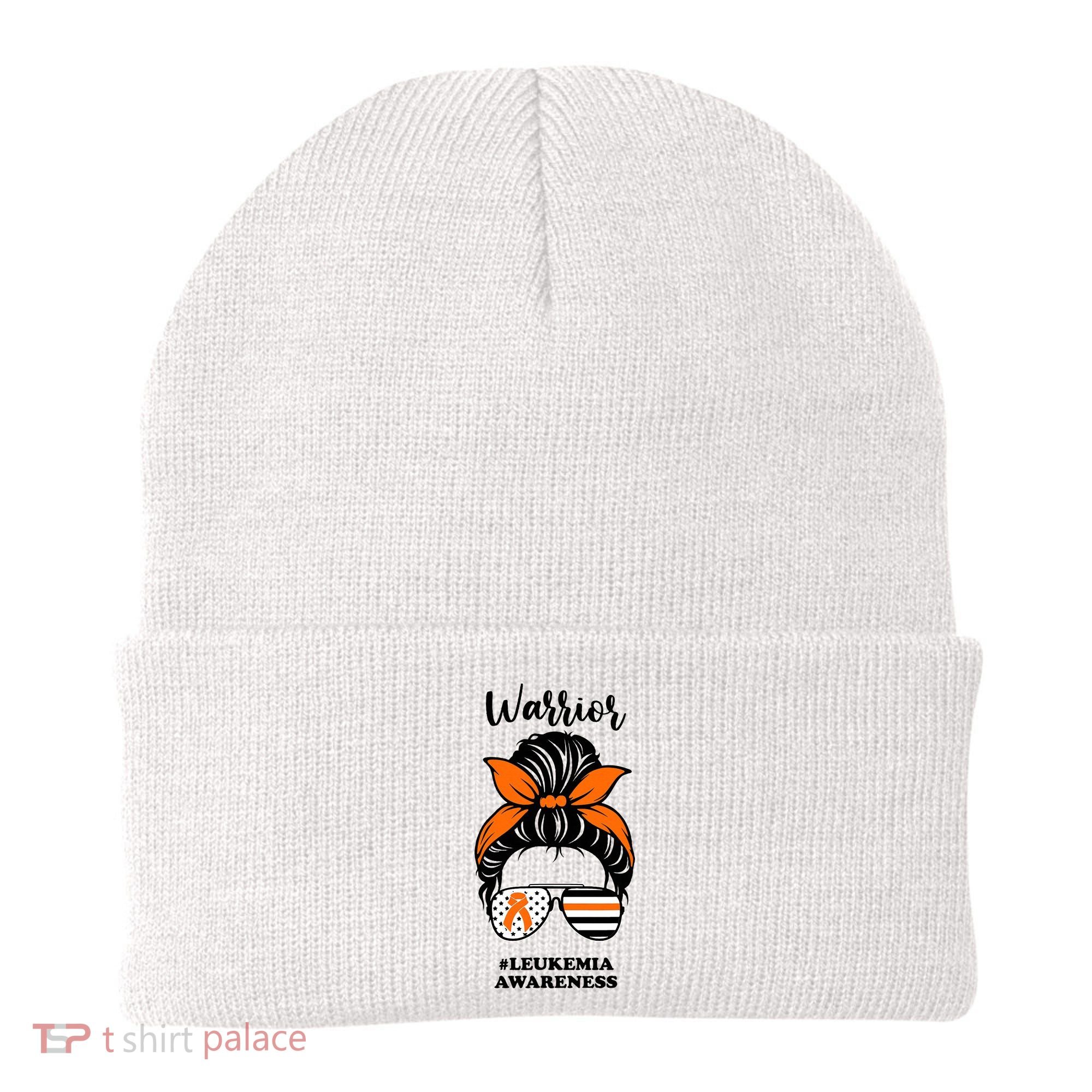Warrior Leukemia Awareness Orange Ribbon Messy Bun Beanie